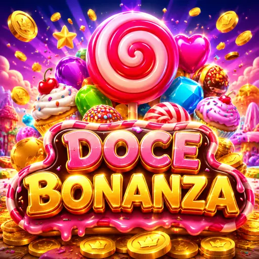 Frutas coloridas e doces do Sweet Bonanza com pirulitos e algodão doce em fundo vibrante